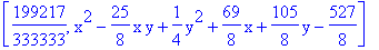 [199217/333333, x^2-25/8*x*y+1/4*y^2+69/8*x+105/8*y-527/8]